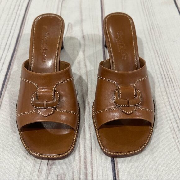 Cole Haan Country Carmel Brown Leather Peep Toe Slide 2 1/2" Block Heel Sz 6B - Picture 2 of 12